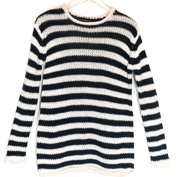 Zara Knit Chunky Fuzzy Sweater Black White Stripes - Picture 1 of 11